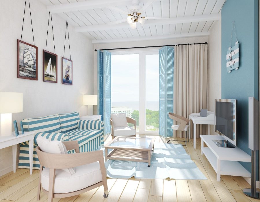 Thiết kế nội thất phòng khách theo xu hướng Địa Trung Hải Đến một ngôi nhà theo phong cách Địa Trung Hải, bạn sẽ bị thu hút bởi sắc trắng – xanh xen kẽ. Những nhà thiết kế theo phong cách này cho biết họ thích sự thoải mái và thân thiện khi dùng màu sơn tường trắng, kết hợp với các layers nhiều tông màu xanh. Ngoài ra, màu đất nung và tím oải hương cũng có thể được chọn để nhấn nhá cho không gian thêm chiều sâu. Phòng khách được bố trí sofa thường là ở khu vực giữa phòng. Xung quanh sẽ đặt đồ đạc sát tường để không làm cản lối đi. Trong phòng khách, điểm nhấn có thể nằm ở đèn trần hay các chi tiết trang trị tường mạ đồng.